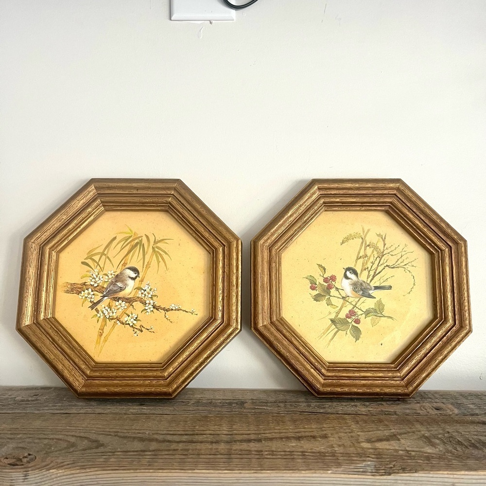 Homco Octagonal Bird Prints in Gold Frames set 2